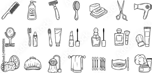 Black and White Line Art Icons of Bathroom and Beauty Essentials