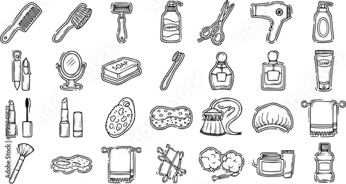 Black and White Line Art Icons of Bathroom and Beauty Products