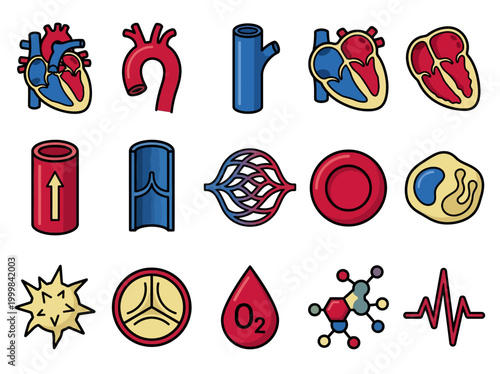 Human Heart and Circulatory System Vector Icons Set featuring Anatomy, Blood Cells, Veins, Arteries, and Cardiac Health Symbols for Medical Education and Healthcare Design