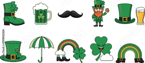 Saint Patricks Day Icon Set Featuring Leprechaun, Clover, Beer Mug, Hat, Rainbow, and Irish Symbols for Festive Celebration Design