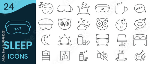 Set of 24 outline icons related to sleep. Out line icon of Alarm Clock, Bed, Insomnia, Pillow, Sleeping Pills, Bell. Vector illustration 
