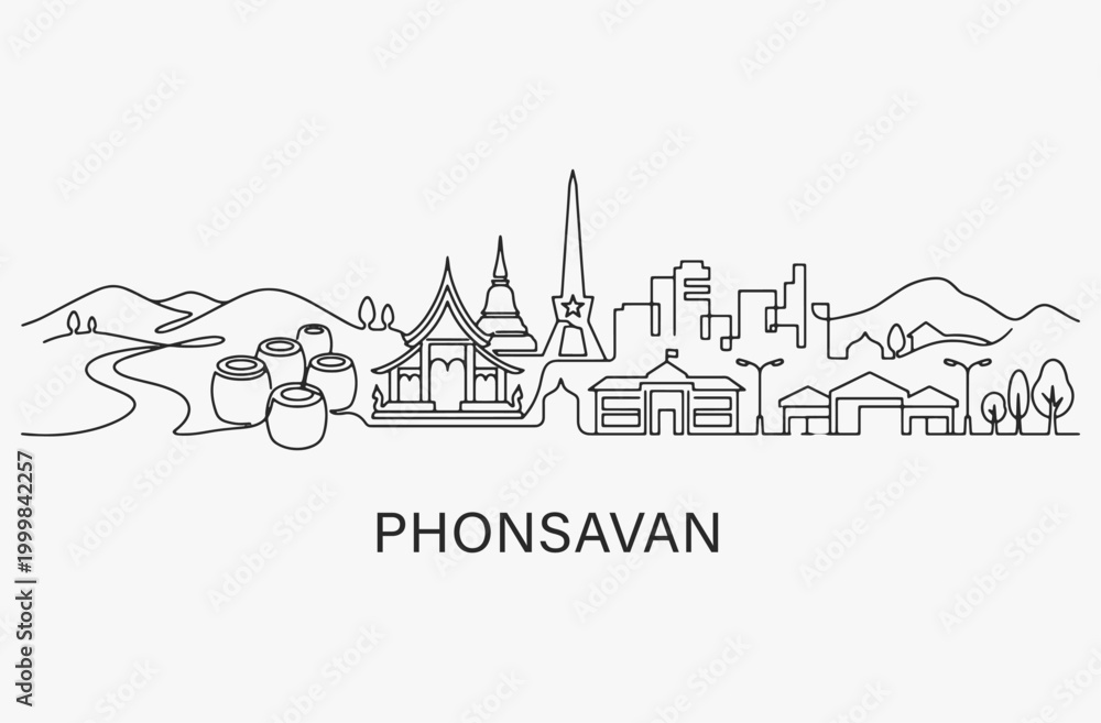 Naklejka premium Flat Design one line without breaking the Phonsavan city.