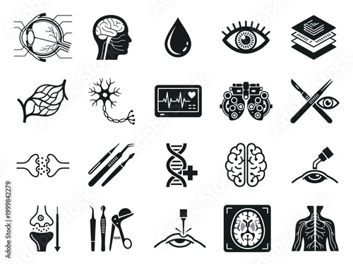 Medical Icons Set for Ophthalmology and Neurology - Brain, Eye, Surgery, and Healthcare Vector Symbols