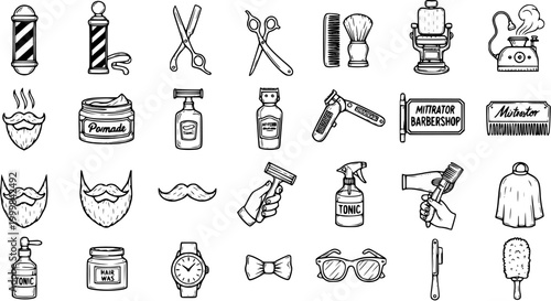 Vintage Barbershop Grooming Tools and Hairdressing Accessories Outline Black and White Hand Drawn Line Art Icons Set
