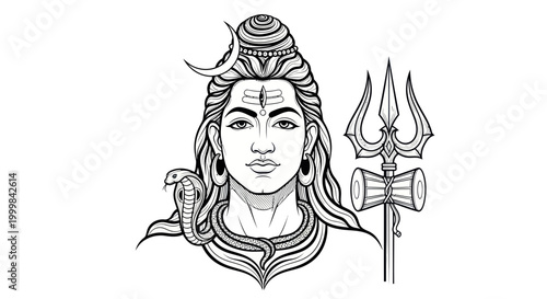 Lord Shiva illustration with trident and cobra, Hindu deity, Indian culture