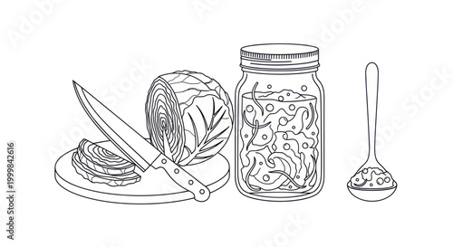 Tableau sur toile Hand-drawn illustration of sauerkraut preparation: cabbage, knife, jar, and spoon