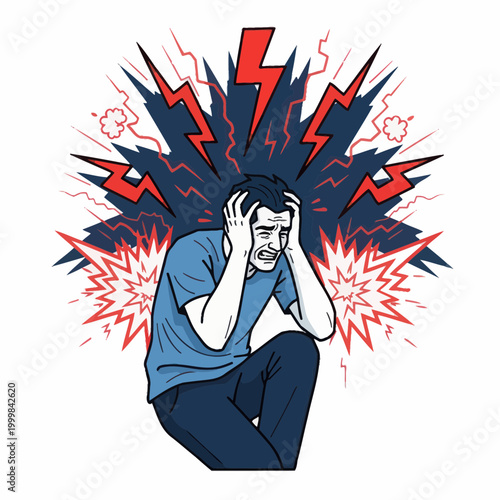 Man suffering from intense headache, stress, and mental overload with lightning bolts