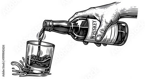 Hand pouring whiskey from bottle into glass, engraving style illustration