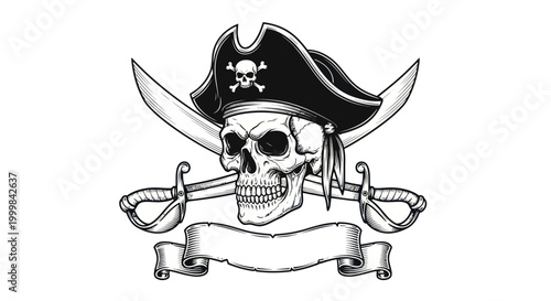 Pirate Skull Emblem with Crossed Swords and Banner