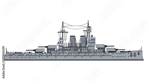 Vintage Battleship Side View - Historical Naval Warship Illustration