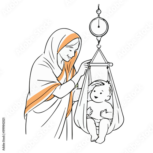 Warm vector art of a mother weighing her baby, symbolizing regular health checkups and growth monitoring, gentle expression, clean lines, soft colors, caring and nurturing feel.