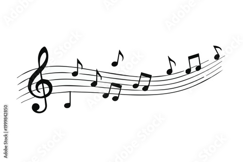 Monochrome vector illustration featuring wave patterns formed by multiple music notes, smooth lines, balanced layout, minimal detail, elegant black and white artistic concept.