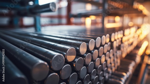 Rows of metal rods stacked in a warehouse or factory setting with industrial background
