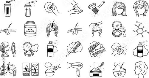 Hair Care Icons: Line Art Set of Products, Tools, and Results for Hair Health