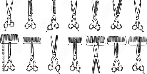 Black and White Line Art Illustration Set of Hairdressing and Barber Salon Tools: Scissors and Combs for Professional Hair Stylist Equipment