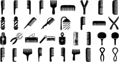 Barbershop Hairdressing Tools and Combs Black and White Glyph Icons Set. Salon Equipment Silhouettes.