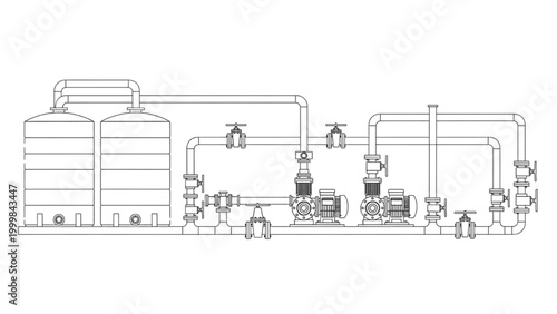 Industrial plumbing system with pumps and storage tanks illustration
