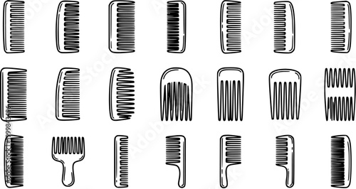 Black  White Line Art Set of Various Hair Combs for Beauty, Haircare, and Styling Vector Illustration