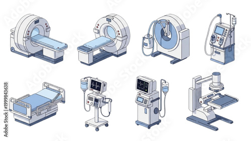 Isometric medical technology set featuring diagnostic imaging and hospital equipment