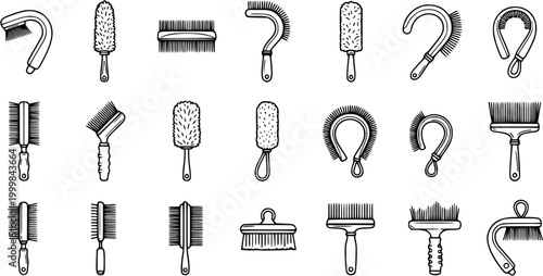 Black and White Line Art Icon Set of Various Cleaning Brushes, Tools for Hygiene
