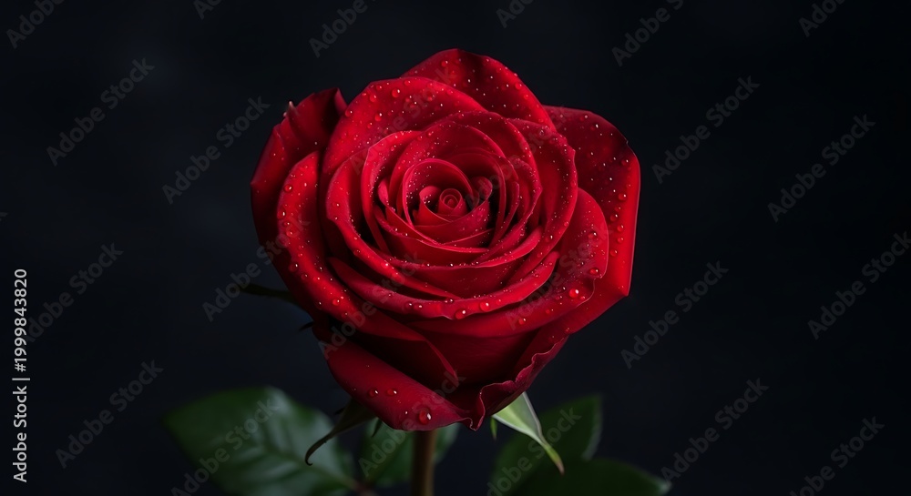 Naklejka premium Vibrant red rose with water droplets against dark backdrop