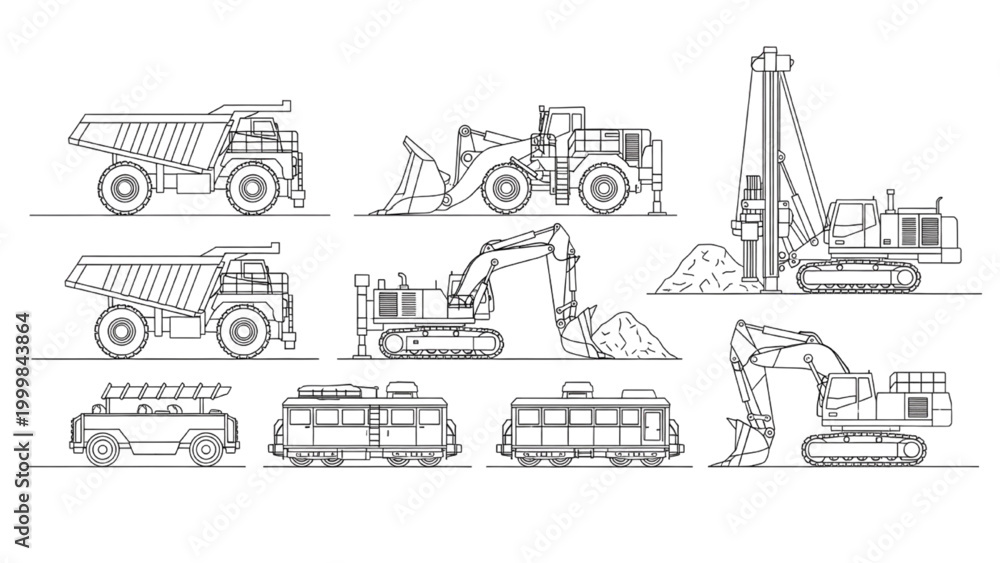 Naklejka premium Set of Industrial Construction and Mining Vehicles and Equipment