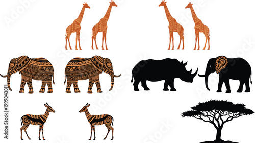 Photography African Wildlife Silhouettes and Tribal Pattern Animals Collection Featuring Giraffe Elephant Rhino Antelope and Acacia Tree Vector Illustration Set