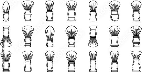 Shaving Brushes Black and White Line Art Icons Set. Barbershop and Grooming Accessories Glyph Collection. Outline Style Vector for Personal Care and Hygiene.