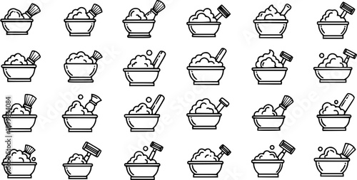 Black and White Line Art Icons of Shaving Bowls with Brushes and Razors