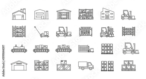 Collection of Warehouse and Logistics Icons Hand Drawn Style.