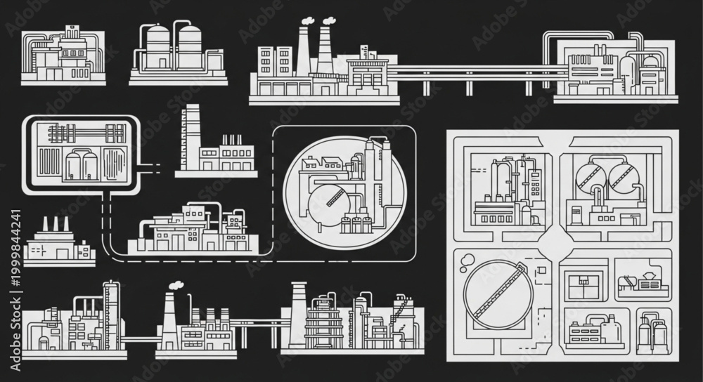 Obraz premium Industrial factory schematic diagrams and blueprints collection.