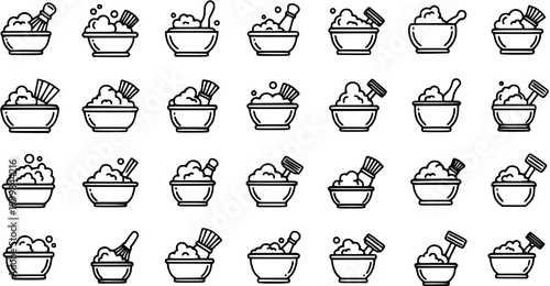 Black and White Line Art Icons of Shaving Bowls with Lather and Brushes
