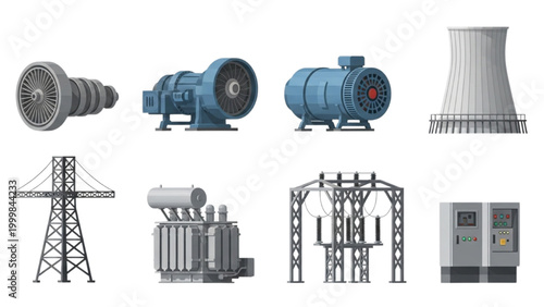Modern energy infrastructure turbines, transformers, and power grid components set