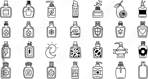 Black and white line art collection of cosmetic and skincare bottles and containers for beauty products
