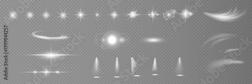 Various light effects on a transparent background. They have the form of symmetrical rays, reminiscent of twinkling stars. For decorating dynamic scenes or adding movement.