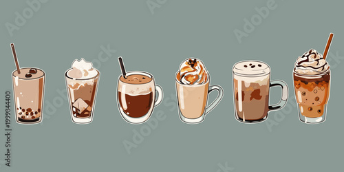 illustration of various coffee drinks on gray background