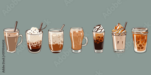 illustration of eight coffee drinks in various glasses