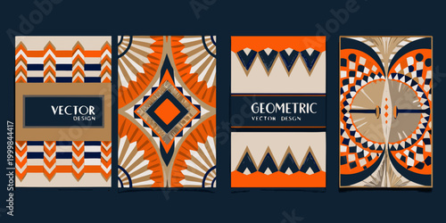 four vertical cover designs with geometric patterns and vibrant colors