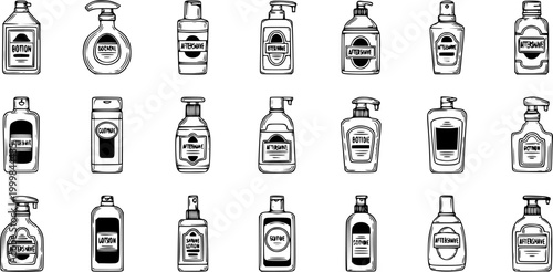 Grooming Products Hand-drawn Black and White Line Art Icons. Sketch Collection of Aftershave, Lotion, Potion, Cologne, Shaving Cream Bottles for Personal Care  Barbershop Niche.