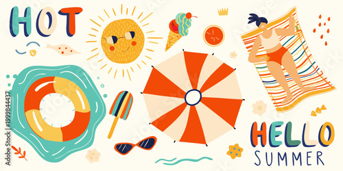 colorful summer illustration with beach elements and text