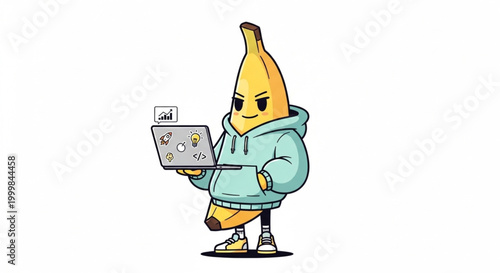 Cool Banana Programmer in a Light Blue Hoodie Carrying a Laptop with Creative Icons and Vector Style