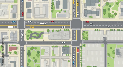 Aerial View of City Intersection with Traffic and Buildings.