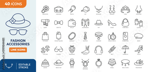 fashion accessories icon set. Contain icons related to  fashion, accessory, beauty, necklace, jewellery, earring, goggles, watch, belt, bag, and more. Editable stroke. Vector illustration