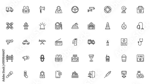 Emergency Services icon set. Vector symbols for ambulance, police car, fire truck, first aid, rescue, safety, and more. Editable thin line icons.