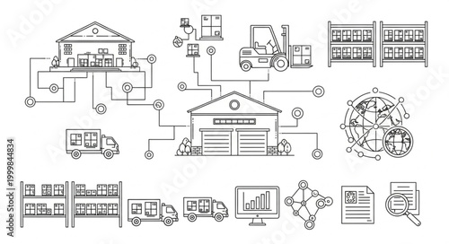 Warehouse logistics and supply chain management illustration.