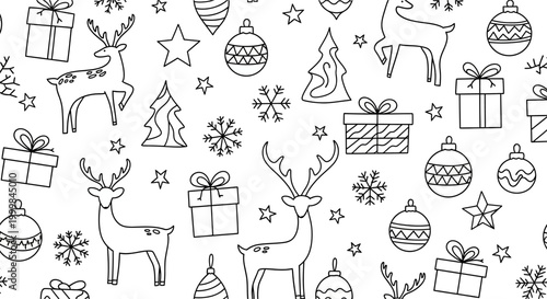 Hand Drawn Christmas Pattern Featuring Reindeer Gift Boxes And Ornaments.