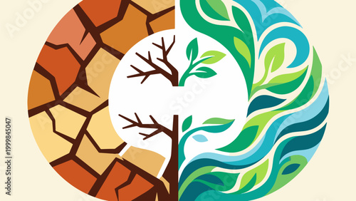 A circular illustration contrasting dry, cracked earth and barren trees with lush green foliage and flowing blue water, symbolizing environmental balance and climate change.