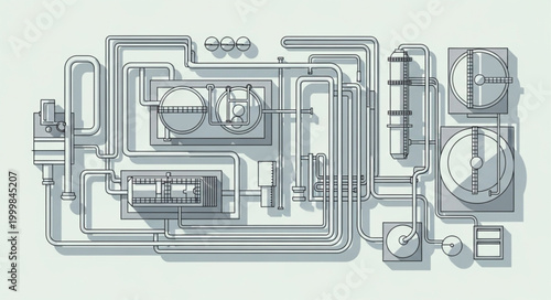 Complex industrial pipeline system with valves and tanks.