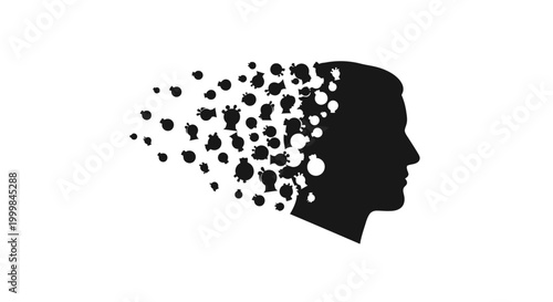 Abstract Silhouette of Head Dissolving into Particles, Mental Health Concept
