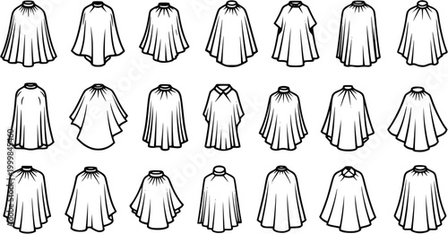 Black and White Line Art Collection of Various Cloak and Cape Styles for Fashion Design